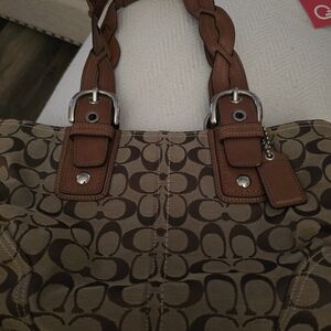 Coach Signature Canvas Shoulder Bag with Brown Leather Straps